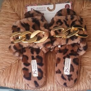 Jessica Simpson Brown Leopard Faux Fur Slides with Gold Chain Accent